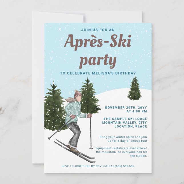 Convite Watercolor Ski Girl Fun Après-Ski Birthday Party (Frente)