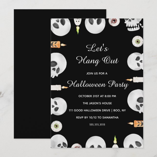 Convite Watercolor Skull Let's Hang Out Halloween Party (Frente/Verso)