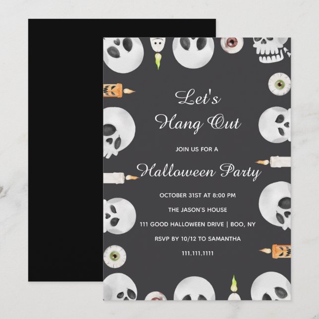 Convite Watercolor Skull Let's Hang Out Halloween Party (Frente/Verso)