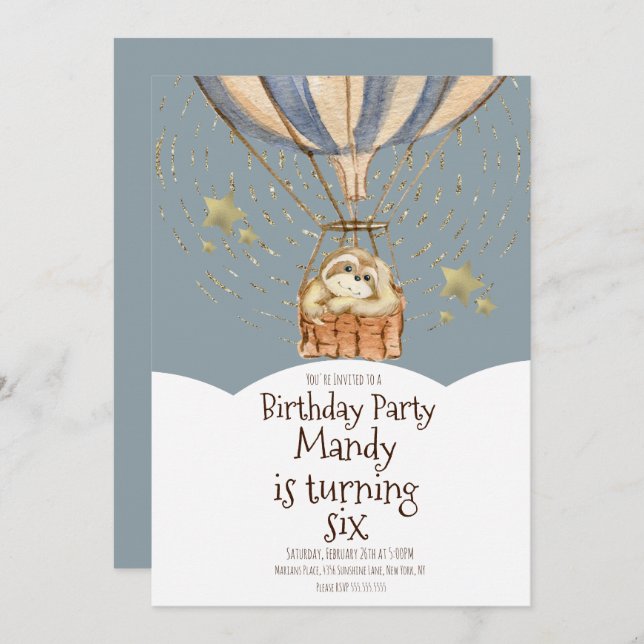 Convite Watercolor Sloth Airballoon Birthday Dusty Blue (Frente/Verso)