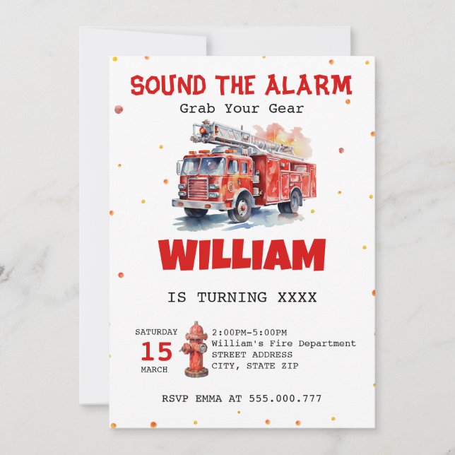 Convite Watercolor Soa o Alarm Fireman Birthday (Frente)