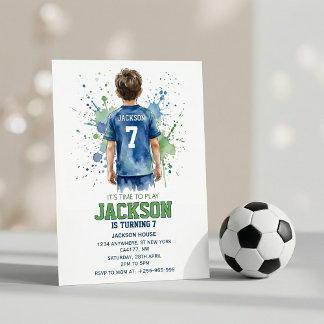 Convite Watercolor Soccer Football Boy Birthday Invitation