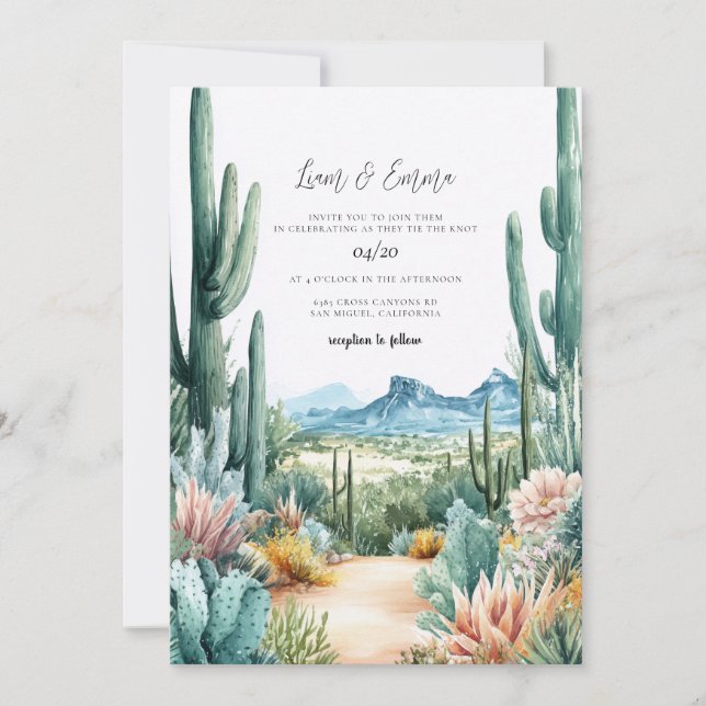 Convite Watercolor Southwestern Desert and Cactus Wedding  (Frente)