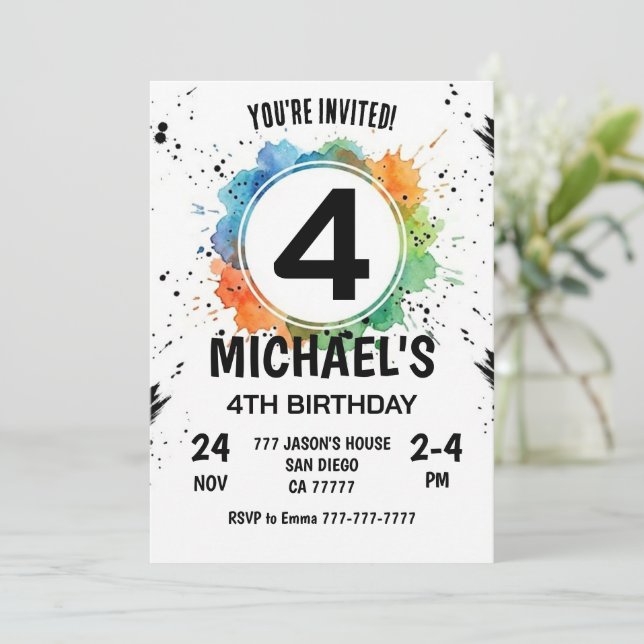 Convite Watercolor Splash Boy 4th Birthday (Em pé/Frente)