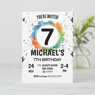 Convite Watercolor Splash Boy 7th Birthday