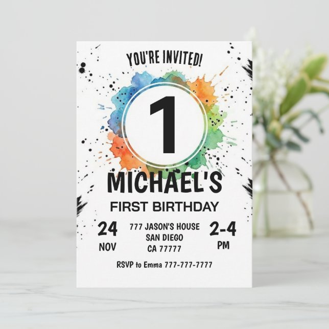 Convite Watercolor Splash Boy First Birthday (Em pé/Frente)