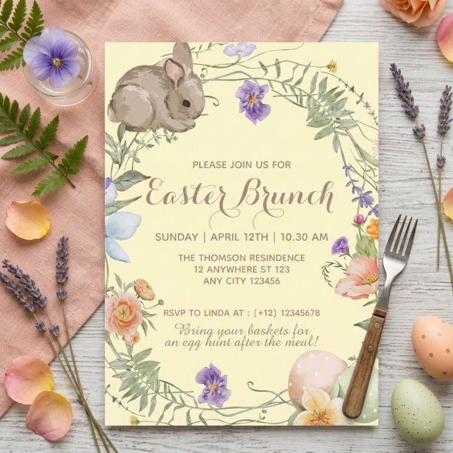Convite Watercolor Spring Floral Bunny Easter Brunch  (Criador carregado)