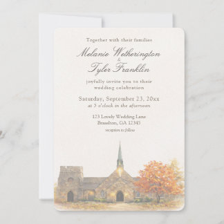 Convite Watercolor Stone Chapel Fall Wedding Invitation