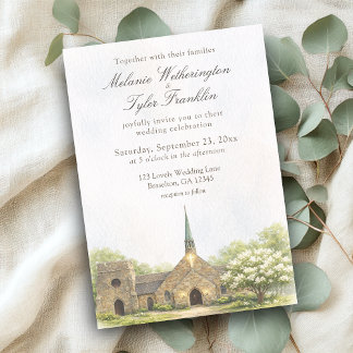 Convite Watercolor Stone Chapel Summer Wedding Invitation