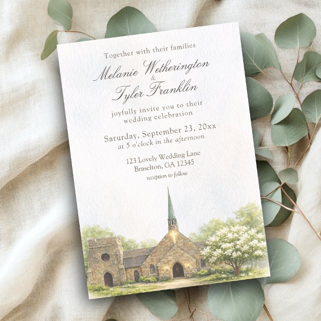 Convite Watercolor Stone Chapel Summer Wedding Invitation (Frost chapel summer wedding invite, watercolor stone chapel)