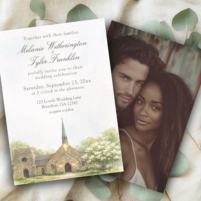 Convite Watercolor Stone Chapel Wedding Photo Invitation (Criador carregado)