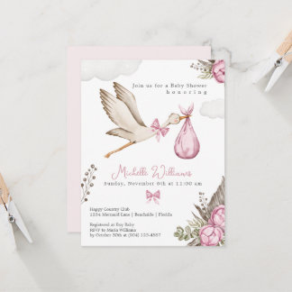Convite Watercolor Stork Girl Pink Baby Shower Invitation