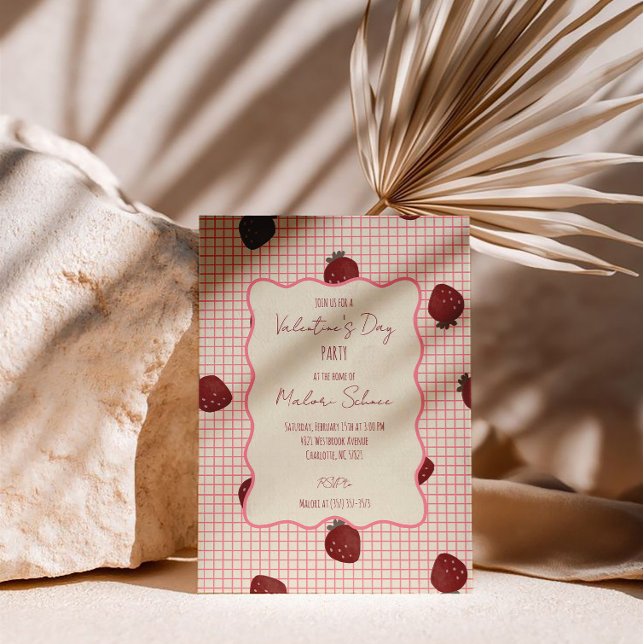 Convite Watercolor Strawberries on Pink Grid- Valentine (Criador carregado)