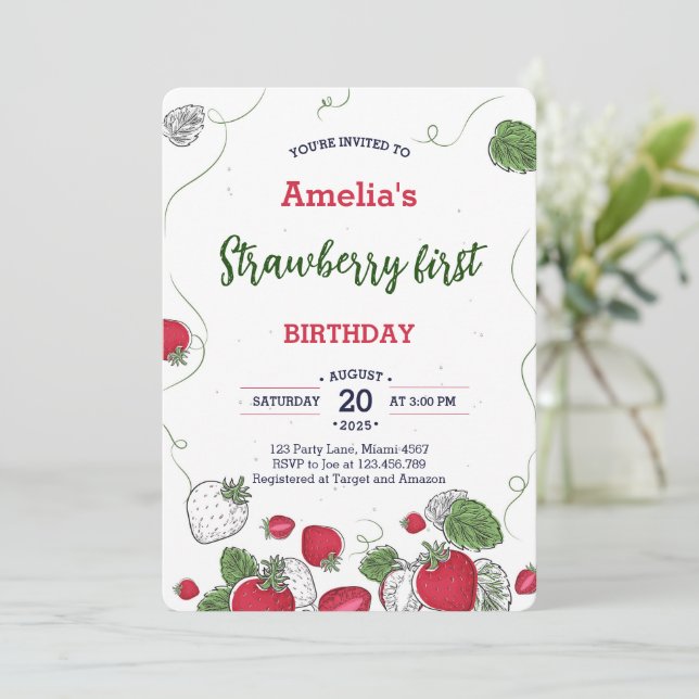 Convite Watercolor Strawberry First Birthday Sweet (Em pé/Frente)
