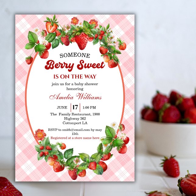 Convite Watercolor Strawberry Pink Gingham Berry Sweet (Criador carregado)