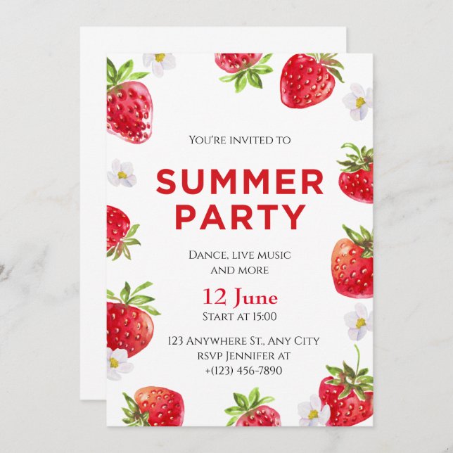 Convite Watercolor Strawberry Summer Party (Frente/Verso)