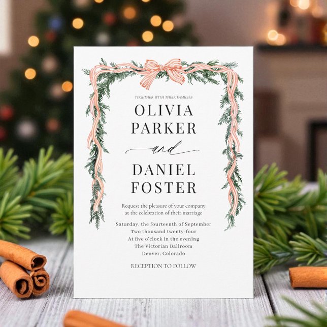 Convite Watercolor Striped Red Bow Christmas Greenery (Criador carregado)