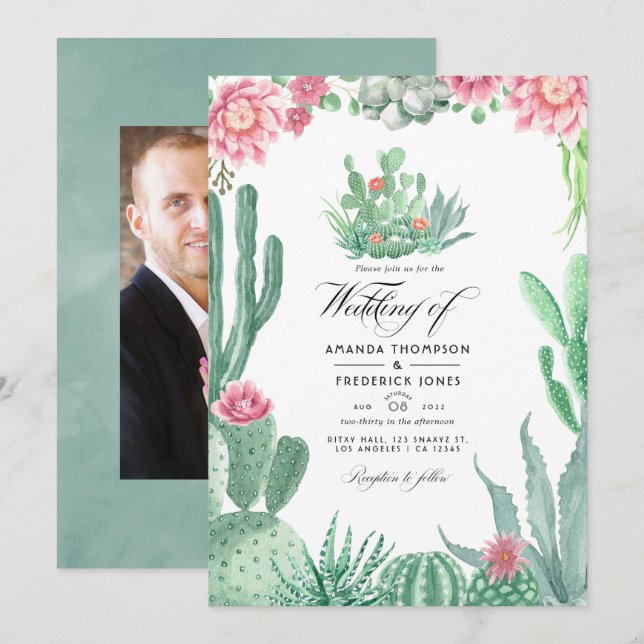 Convite Watercolor Succulents Foto de Casamento (Frente/Verso)