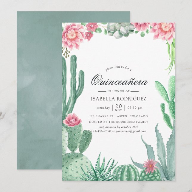 Convite Watercolor Succulents Wedding Quinceañera (Frente/Verso)