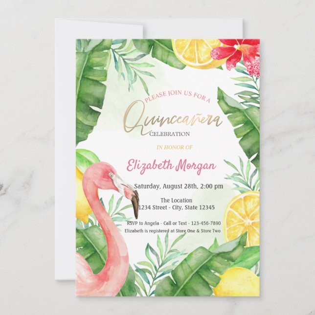 Convite Watercolor Summer Flamingo Quinceanera (Frente)