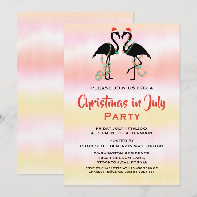 Convite Watercolor Summer Flamingos Natal Em Julho (Frente/Verso)