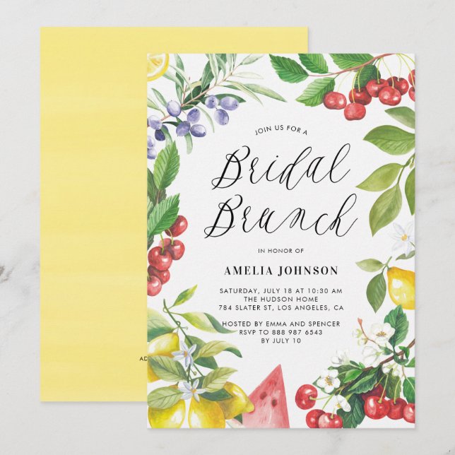 Convite Watercolor Summer Frutas Floral Bridal Brunch (Frente/Verso)