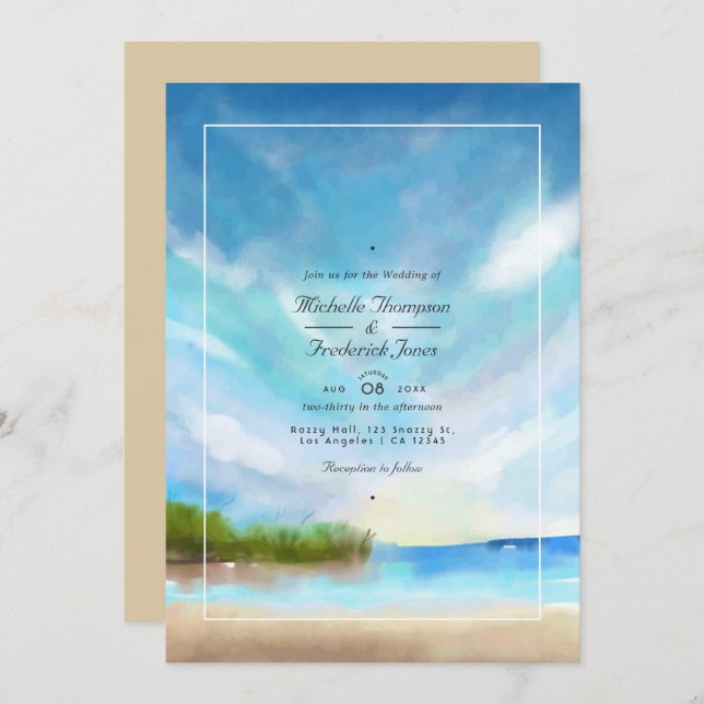 Convite Watercolor Summer QR Code RSVP Beach Weding (Frente/Verso)
