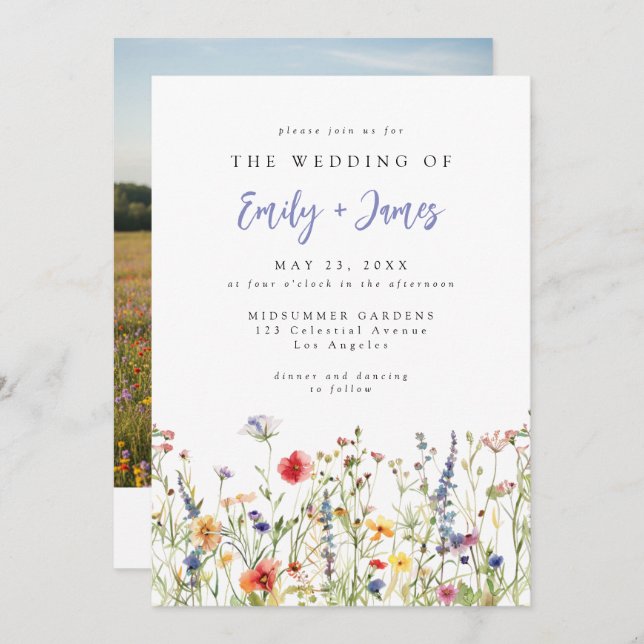 Convite Watercolor Summer Wildflower Photo Wedding (Frente/Verso)