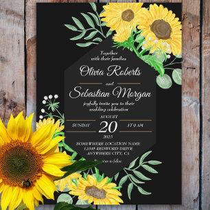 Convite Watercolor Sunflower Black Hexagon Casamento