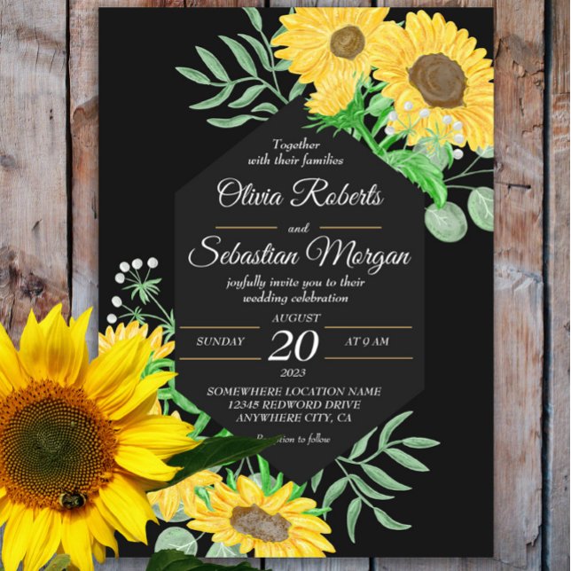 Convite Watercolor Sunflower Black Hexagon Casamento (Criador carregado)