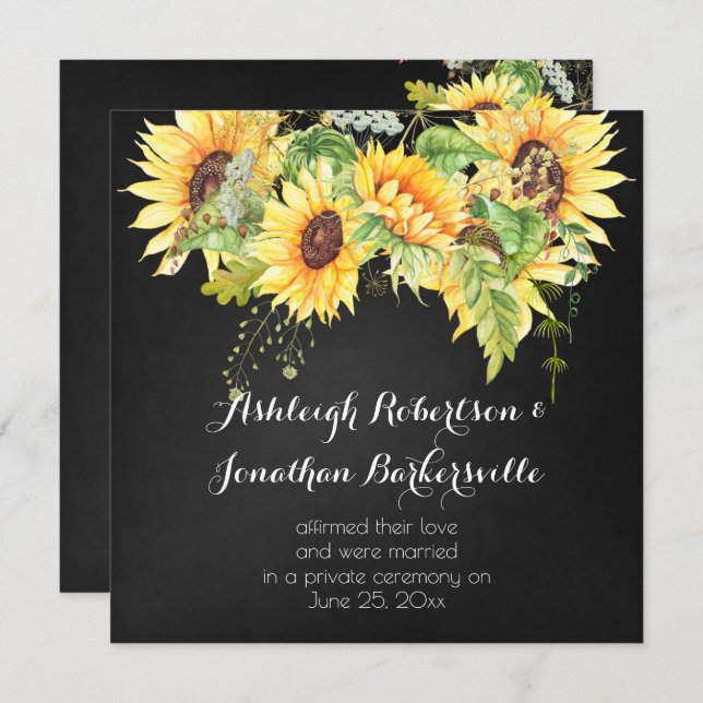 Convite Watercolor Sunflower Chalk Posto Casamento (Frente/Verso)