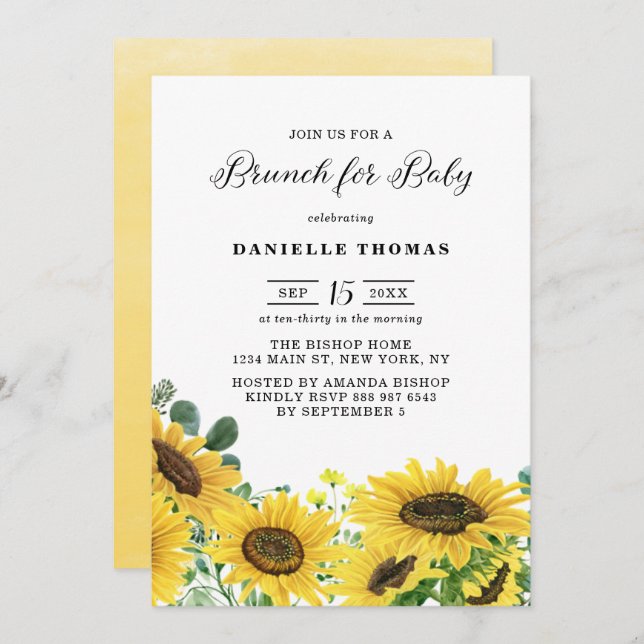 Convite Watercolor Sunflower e Eucalyptus Baby Brunch (Frente/Verso)