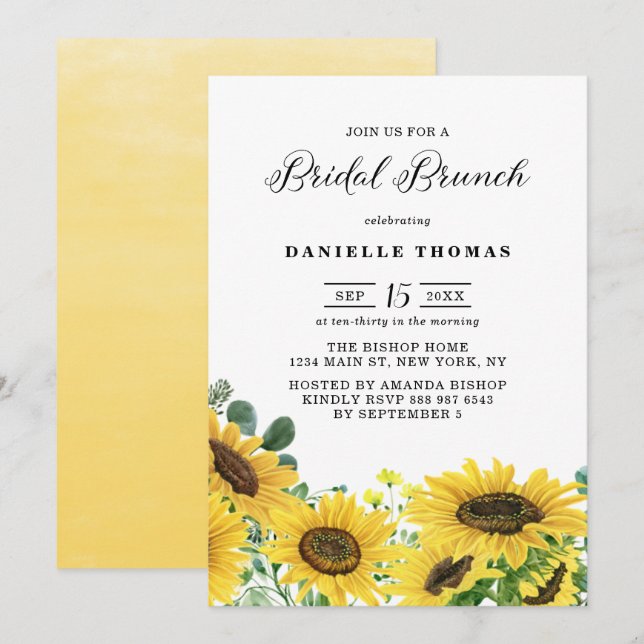 Convite Watercolor Sunflower e Eucalyptus Bridal Brunch (Frente/Verso)