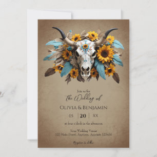 Convite Watercolor Sunflower Feather Cow Skull Casamento