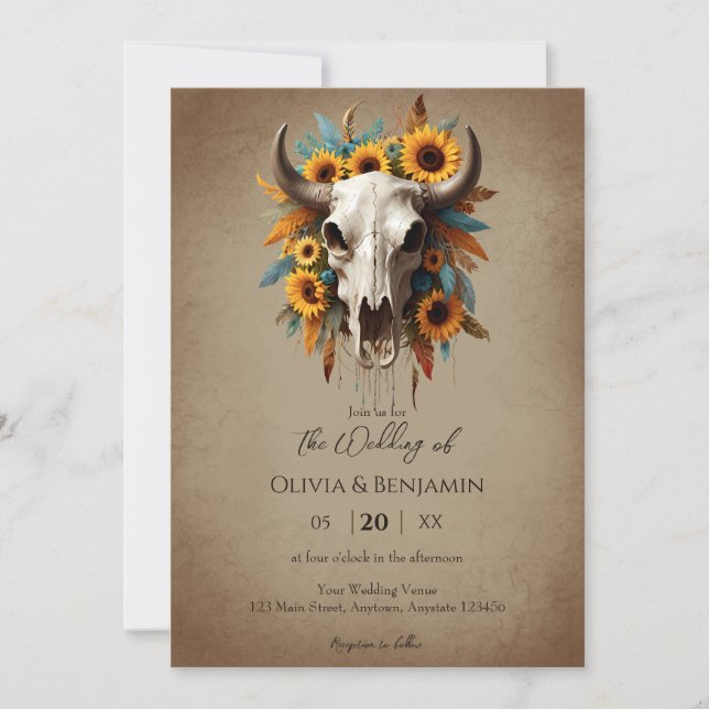 Convite Watercolor Sunflower Feather Cow Skull Casamento (Frente)