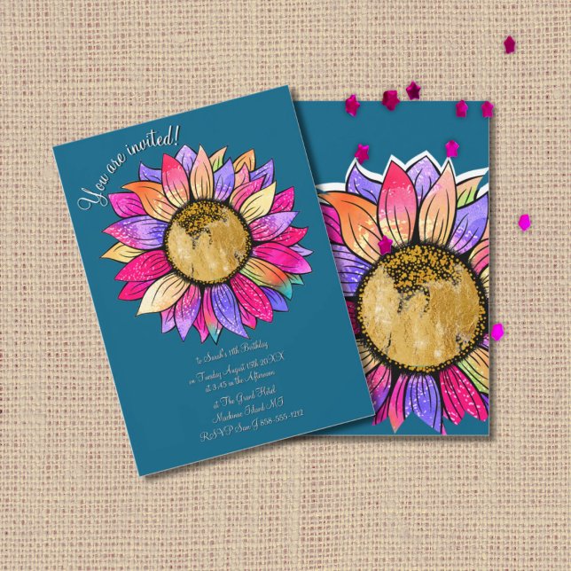 Convite Watercolor Sunflower Floral Teal Pink Birthday (Criador carregado)