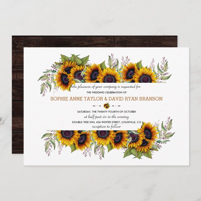 Convite Watercolor Sunflower Frame Old Barn Casamento (Frente/Verso)