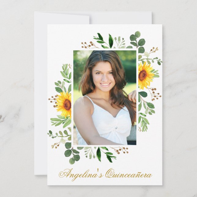 Convite Watercolor Sunflower Greenery Foto Quinceanera (Frente)