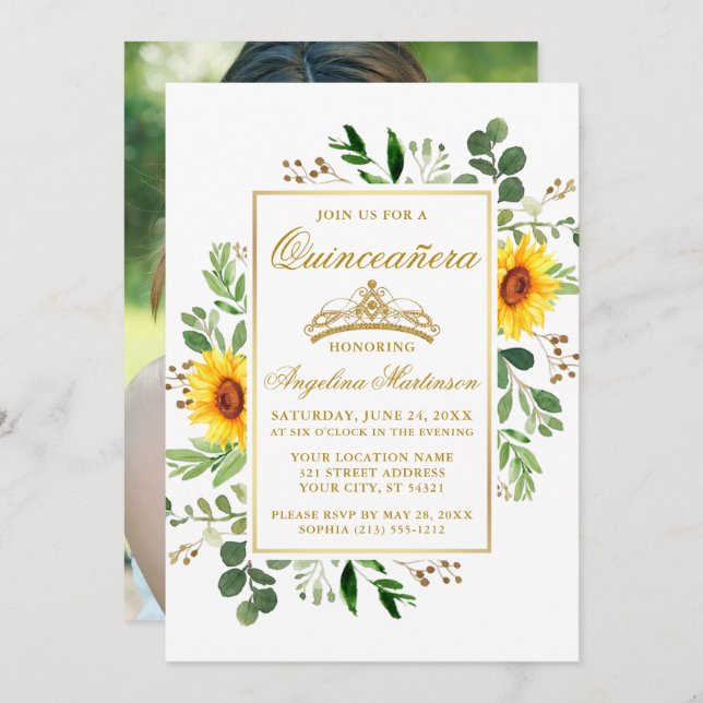 Convite Watercolor Sunflower Greenery Quinceanera Foto (Frente/Verso)