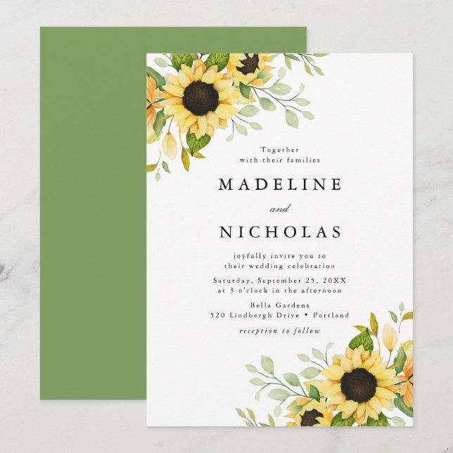 Convite Watercolor Sunflower & Greenery Weds (Frente/Verso)