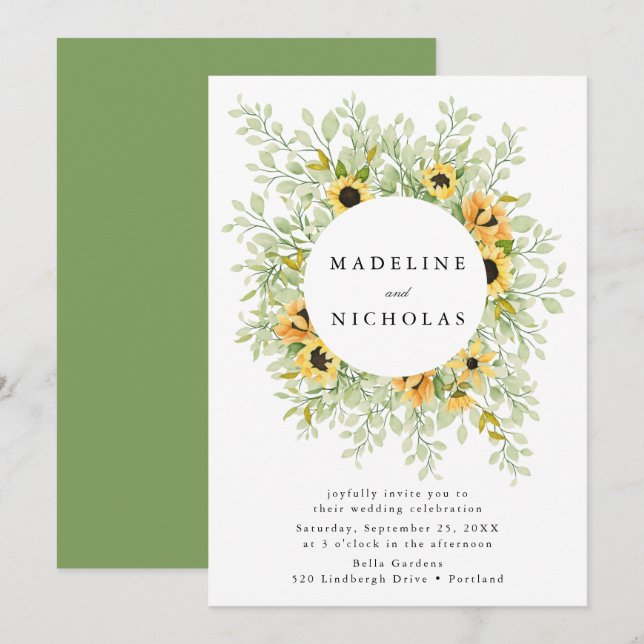 Convite Watercolor Sunflower & Greenery Weds (Frente/Verso)