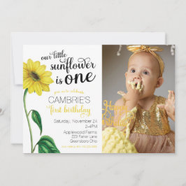 Convite Watercolor Sunflower Photo Primeiro Aniversário