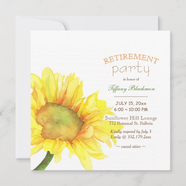 Convite Watercolor Sunflower Retirement Party (Frente)