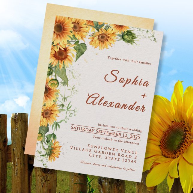 Convite Watercolor Sunflowers Wedding Invitation (Criador carregado)