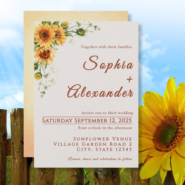 Convite Watercolor Sunflowers Wedding Invitation (Criador carregado)
