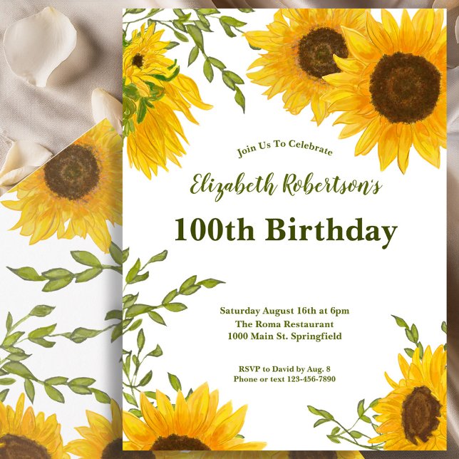 Convite Watercolor Sunflowers Women's 100th Birthday  (Criador carregado)
