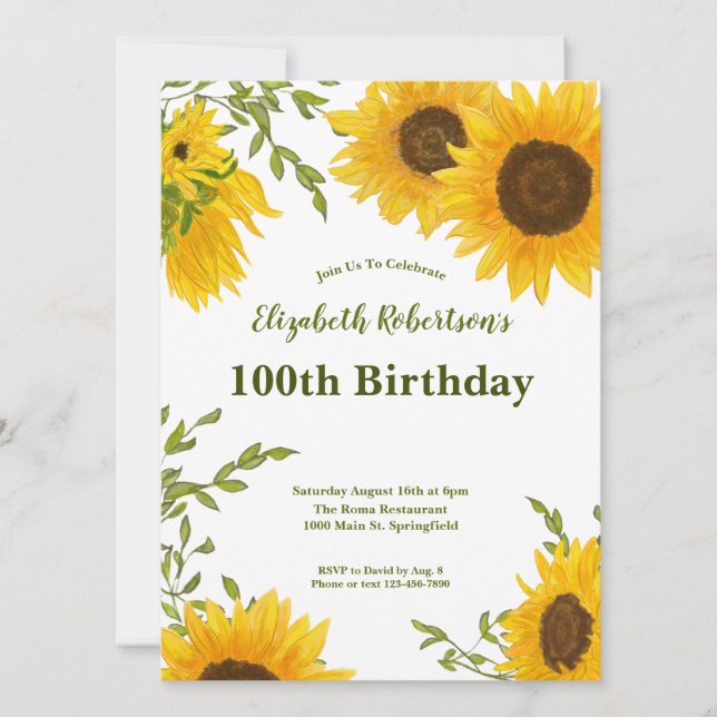 Convite Watercolor Sunflowers Women's 100th Birthday  (Frente)