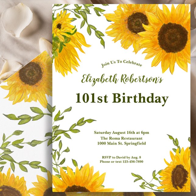 Convite Watercolor Sunflowers Women's 101st Birthday  (Criador carregado)