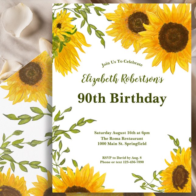 Convite Watercolor Sunflowers Women's 90th Birthday  (Criador carregado)