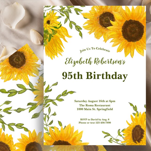 Convite Watercolor Sunflowers Women's 95th Birthday  (Criador carregado)